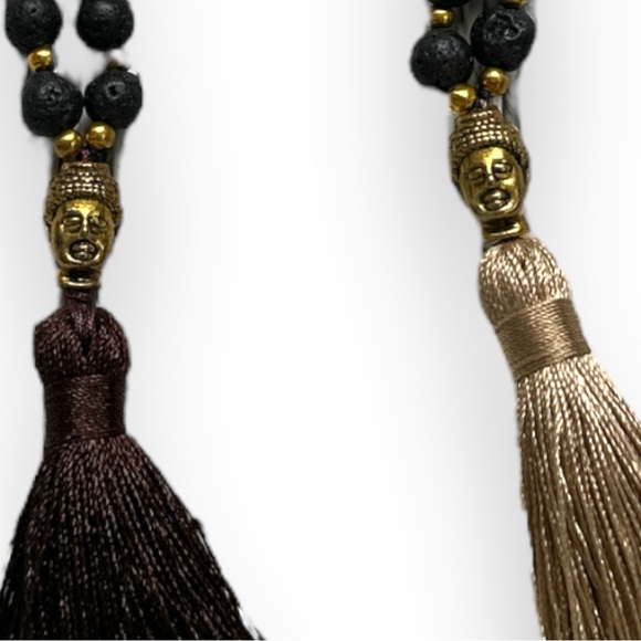 Boho Buddha Black Gold Beaded Tassel Necklace Long - Picture 2 of 8